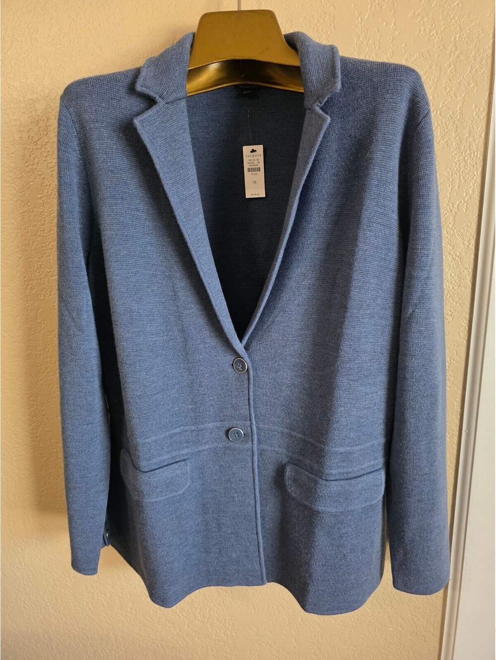 Talbots Merino Wool Sweater Jacket Plus 1X Blue Knit 2-Button Blazer NWT